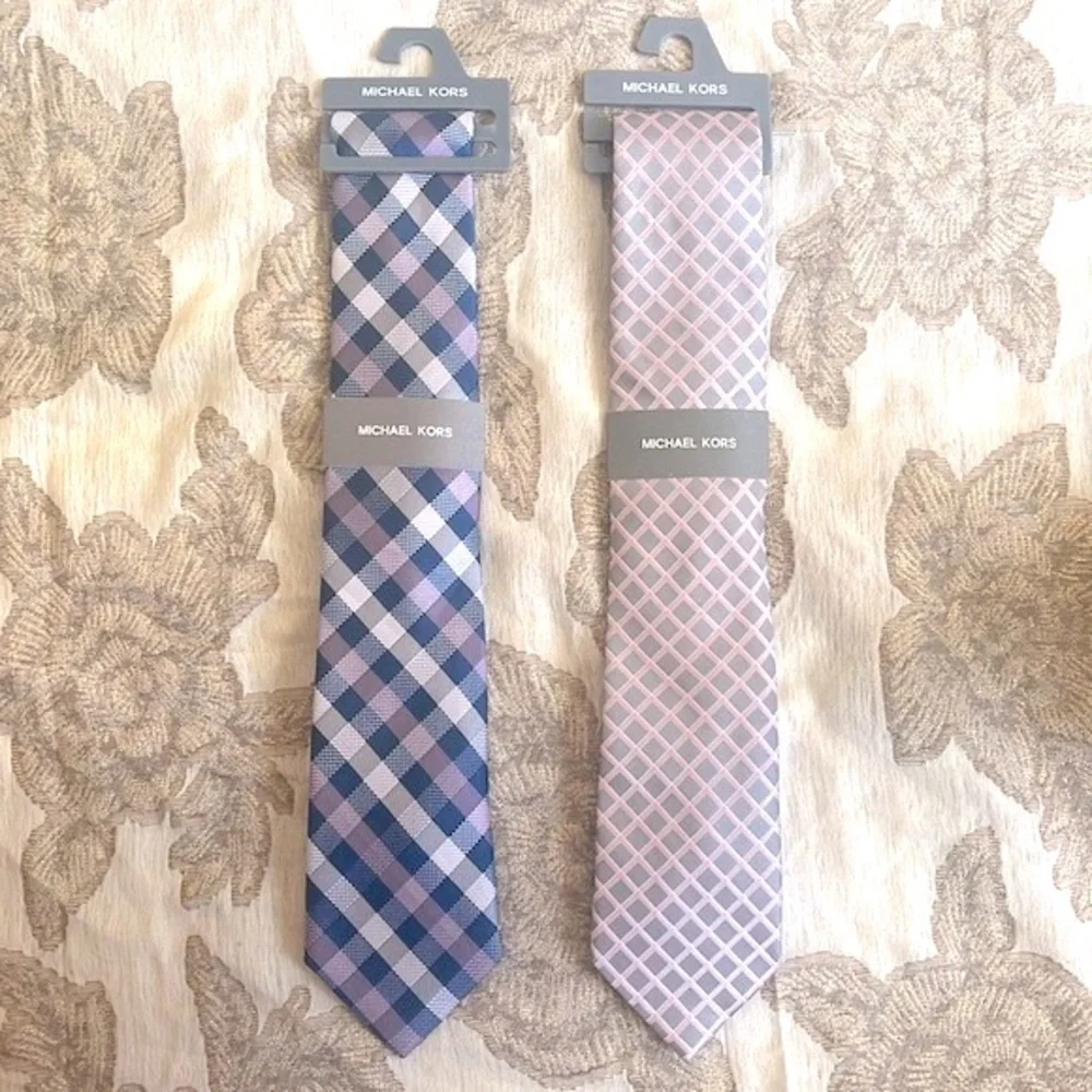 Brand New Michael Kors Set of 2 Ties Checkered Plaid Satin Sheen Business Office